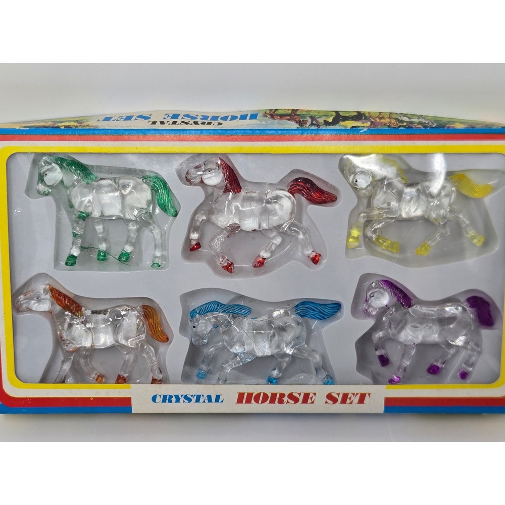 Vintage Crystal Horse Set 6 Piece Plastic Figurines Hong Kong KW555 Multi Color